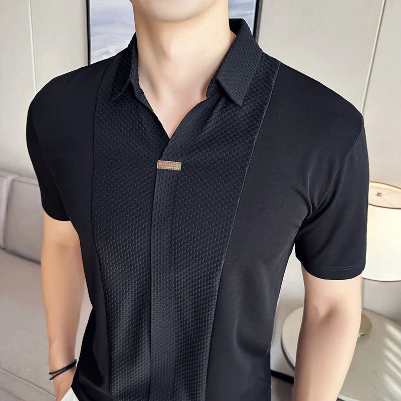 Preto/branco verão alta elástica com decote em v polo camisas masculinas waffle emenda gelo seda sem costura camiseta 2023 casual solto topos t