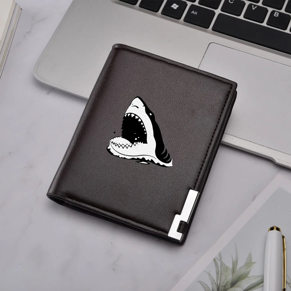 Carteira curta dobrável com estampa de tubarão branco, porta cartão masculino, presente de aniversário para meninos