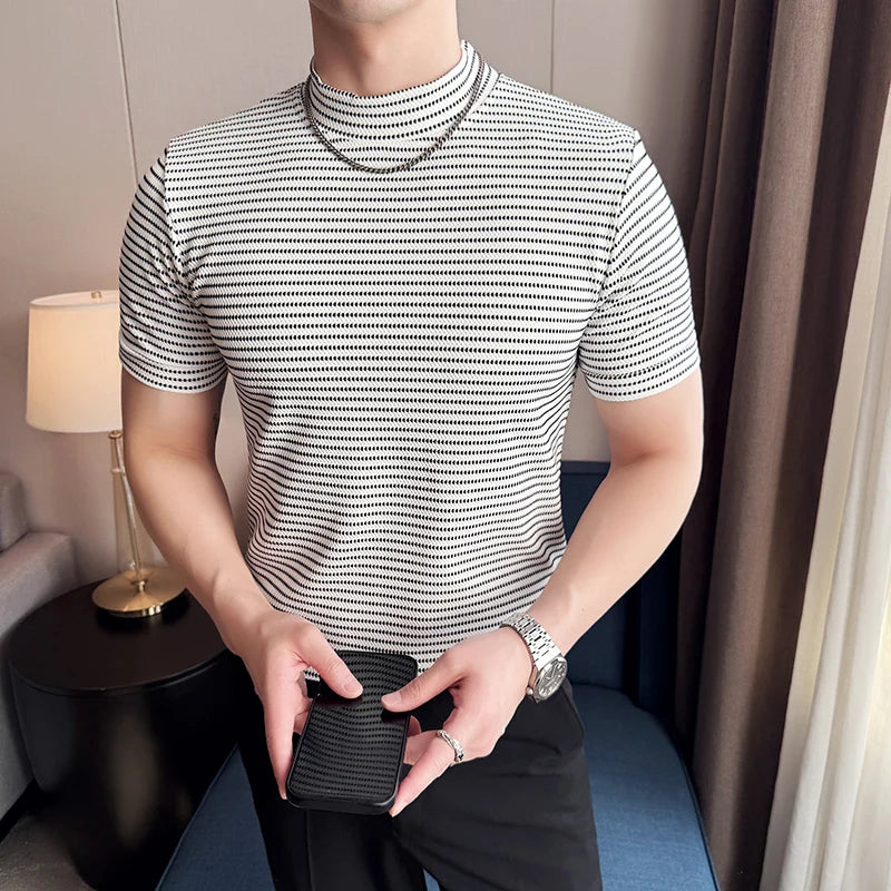 Moda listra masculina camisetas verão meia alta pescoço fino ajuste casual versátil respirável t camisa pulôver roupas masculinas 4xl-m