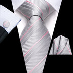 Hi-tie listrado borgonha azul preto masculino elegante gravata lenço abotoaduras 3 pçs conjunto moda clássico seda gravata de luxo para homem