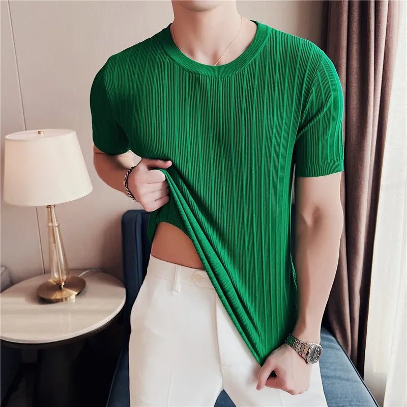 Camisola de malha de manga curta, camiseta elástica, gola redonda, slim fit, meia manga coreana, camiseta listrada, novo, verão, 6 cores, 2024
