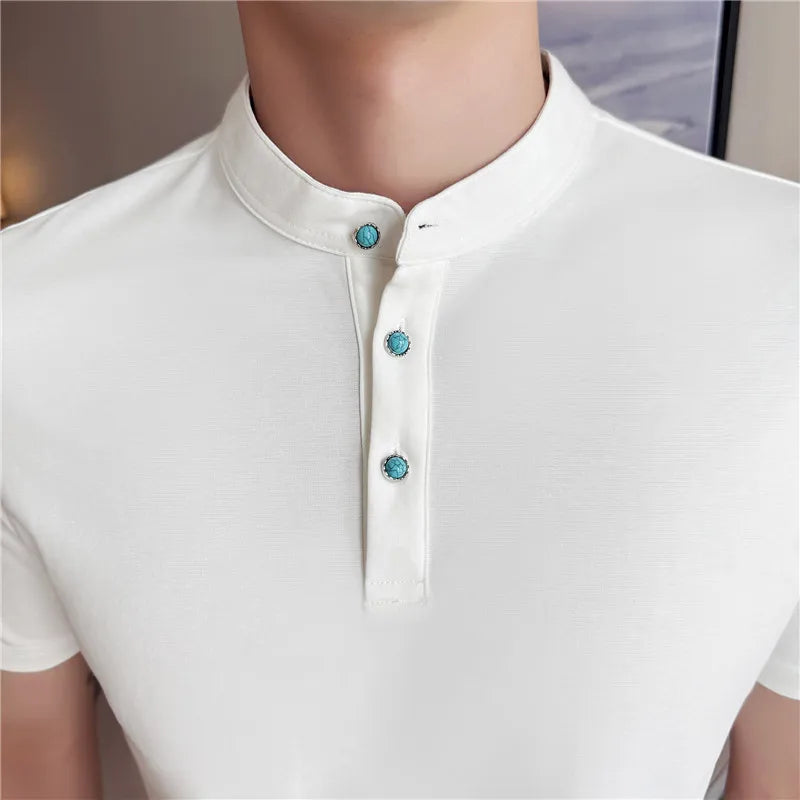 Turquesa botão design henry pescoço polo camisa 2025 verão nova manga curta masculina fino ajuste sólido confortável algodão camisetas topos