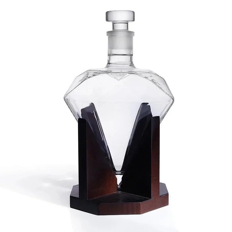 Decantador de uísque de 1000ml, garrafa de vinho de diamante de vidro com suporte de madeira, rolha hermética adequada para todos os tipos de álcool, presente