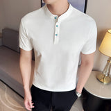 Turquesa botão design henry pescoço polo camisa 2025 verão nova manga curta masculina fino ajuste sólido confortável algodão camisetas topos