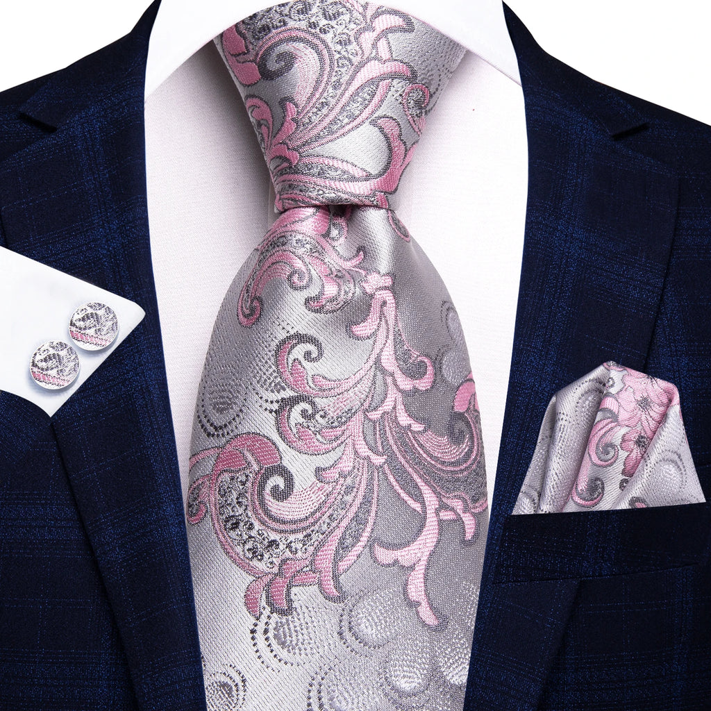 Conjunto clássico de gravata de seda masculino, gravata, floral, rosa, roxo, azul, elegante, lenço, abotoaduras, moda luxuosa, 3 peças