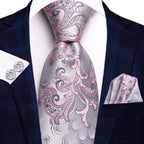 Conjunto clássico de gravata de seda masculino, gravata, floral, rosa, roxo, azul, elegante, lenço, abotoaduras, moda luxuosa, 3 peças