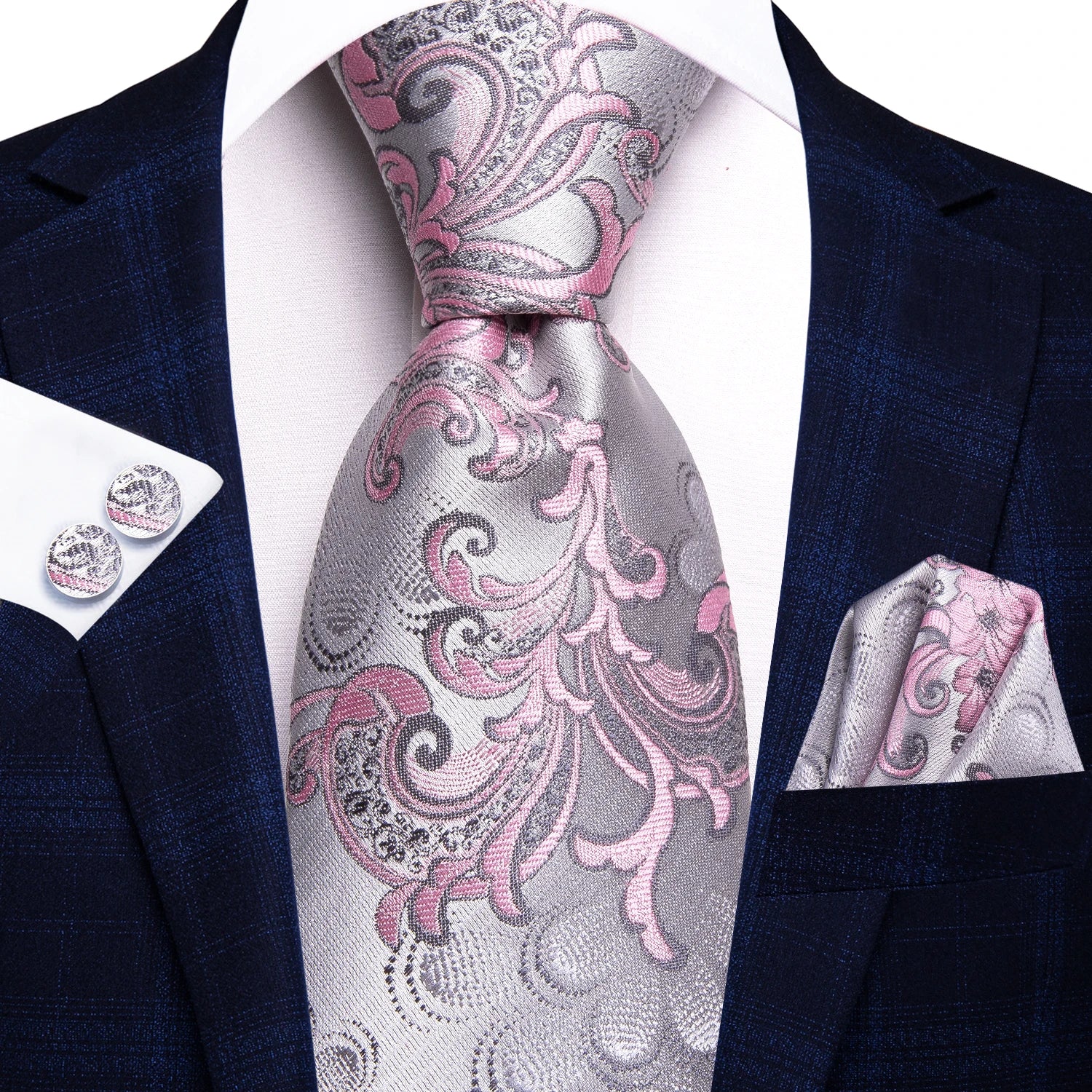 Conjunto clássico de gravata de seda masculino, gravata, floral, rosa, roxo, azul, elegante, lenço, abotoaduras, moda luxuosa, 3 peças