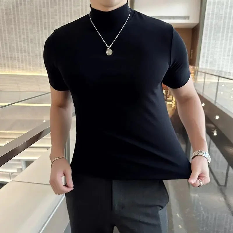 Outono inverno masculino meia alta pescoço manga curta camiseta coreano fino ajuste cor sólida camisa inferior casual algodão elástico camisetas