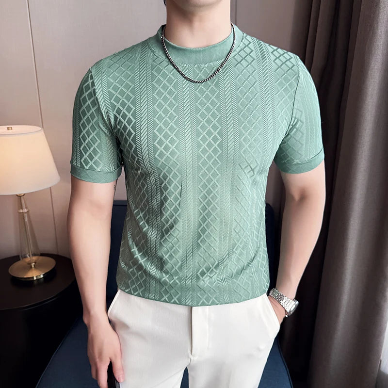 Camisa masculina listra grade t verão meia alta pescoço fino ajuste casual moda respirável elástico pulôver t roupas masculinas 4xl-m