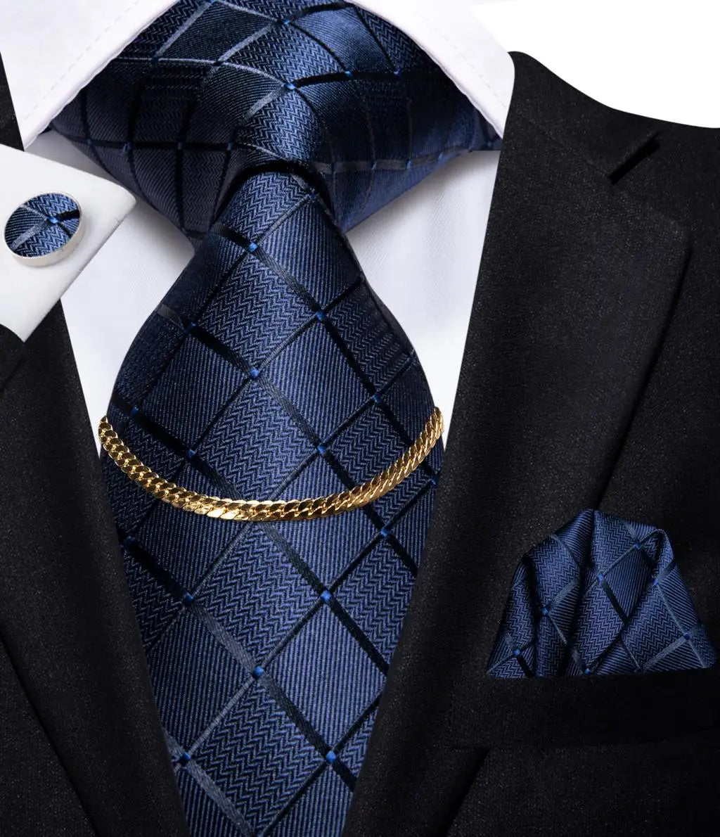 Hi-Tie-Gravatas de seda xadrez de luxo masculinas, conjunto de abotoaduras, design preto, presente de casamento, corrente de gravata moda