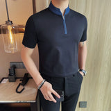 Camiseta masculina de verão com gola alta, moda meio zíper, pulôver, camisetas casuais, cor sólida, manga curta, slim fit