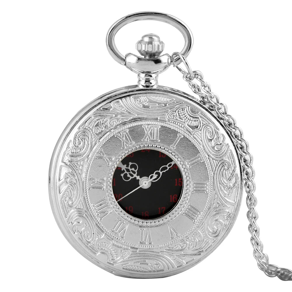 Preto numerais romanos relógio de bolso de quartzo masculino feminino preto oco caso steampunk vintage pingente colar melhores presentes para homens