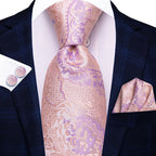 Conjunto clássico de gravata de seda masculino, gravata, floral, rosa, roxo, azul, elegante, lenço, abotoaduras, moda luxuosa, 3 peças