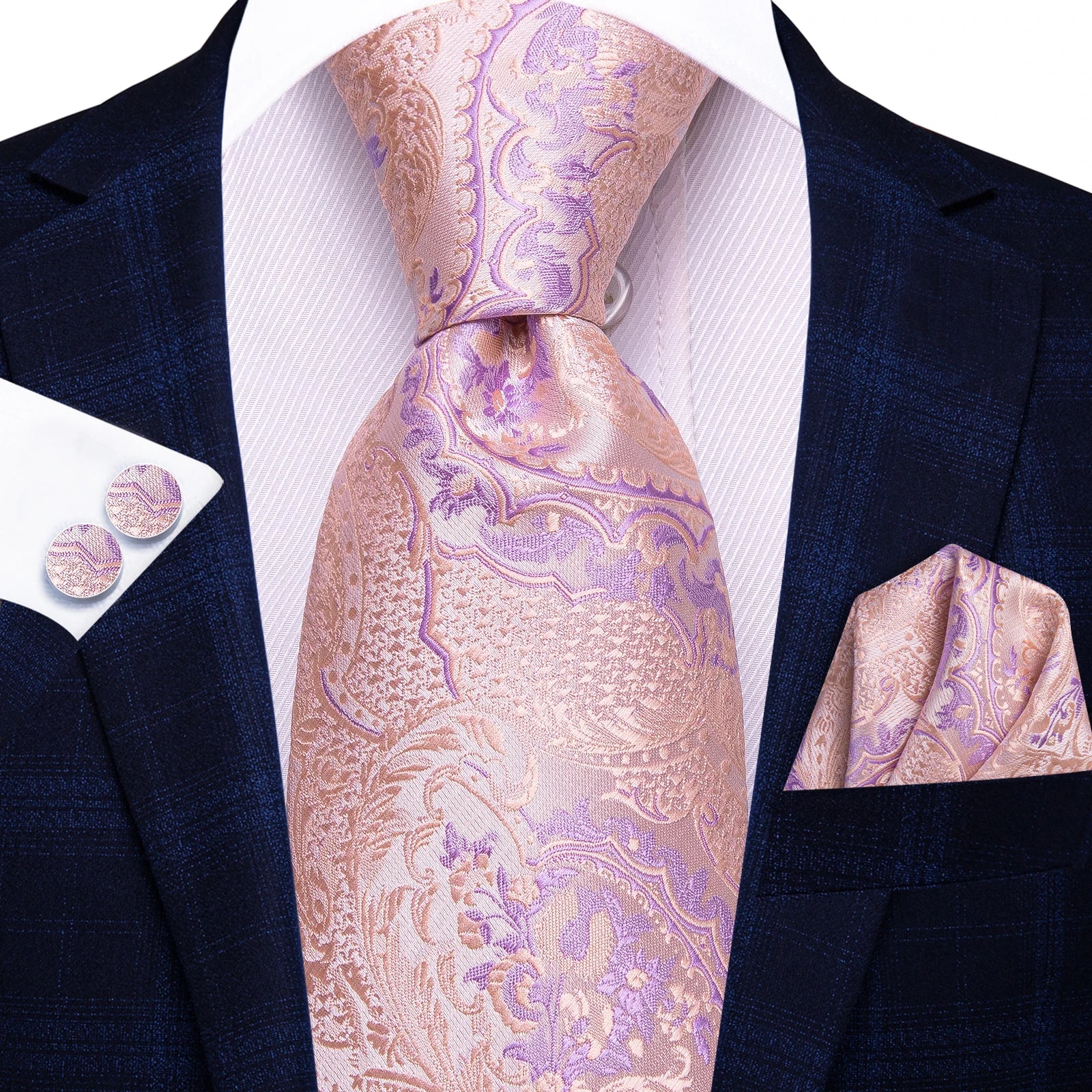 Conjunto clássico de gravata de seda masculino, gravata, floral, rosa, roxo, azul, elegante, lenço, abotoaduras, moda luxuosa, 3 peças