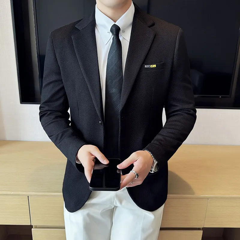 Nova lmitation algodão jacquard coreano fino ajuste terno jaqueta masculina moda casual negócios blazers casamento festa social vestido casacos