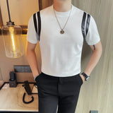 2025 moda emendado camisetas de couro verão novo em torno do pescoço manga curta magro casual t camisa masculina coreano roupas de luxo 4xl-m