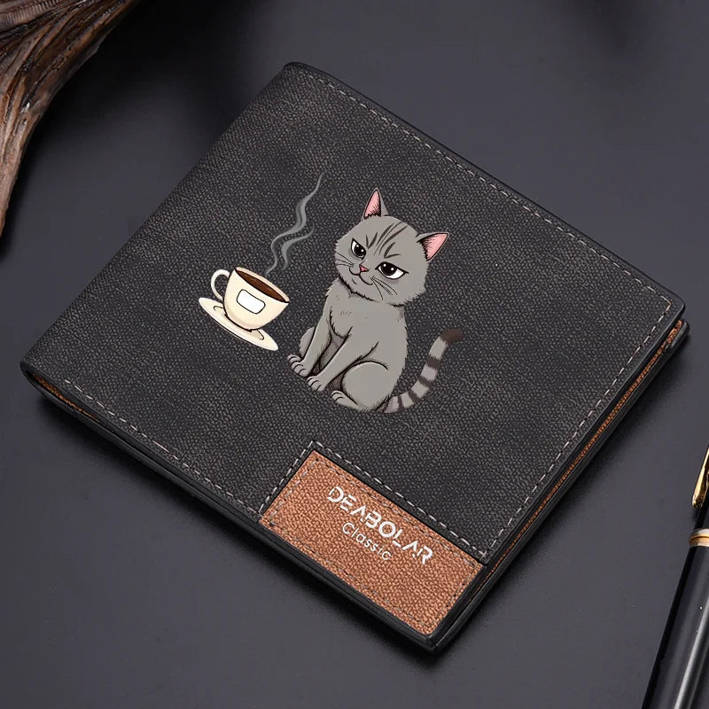 Carteira masculina casual vintage de couro PU com estampa de desenho animado, vários slots para cartões, suporte para estudantes, moda jovem personalizada