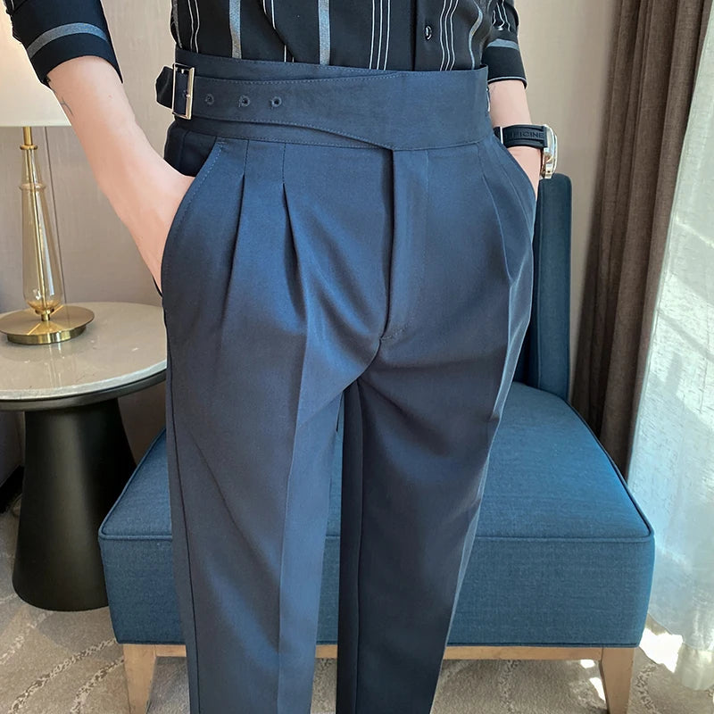 Estilo britânico masculino cintura alta vestido casual calça masculina cinto design calças finas formal escritório social festa de casamento vestido terno calças