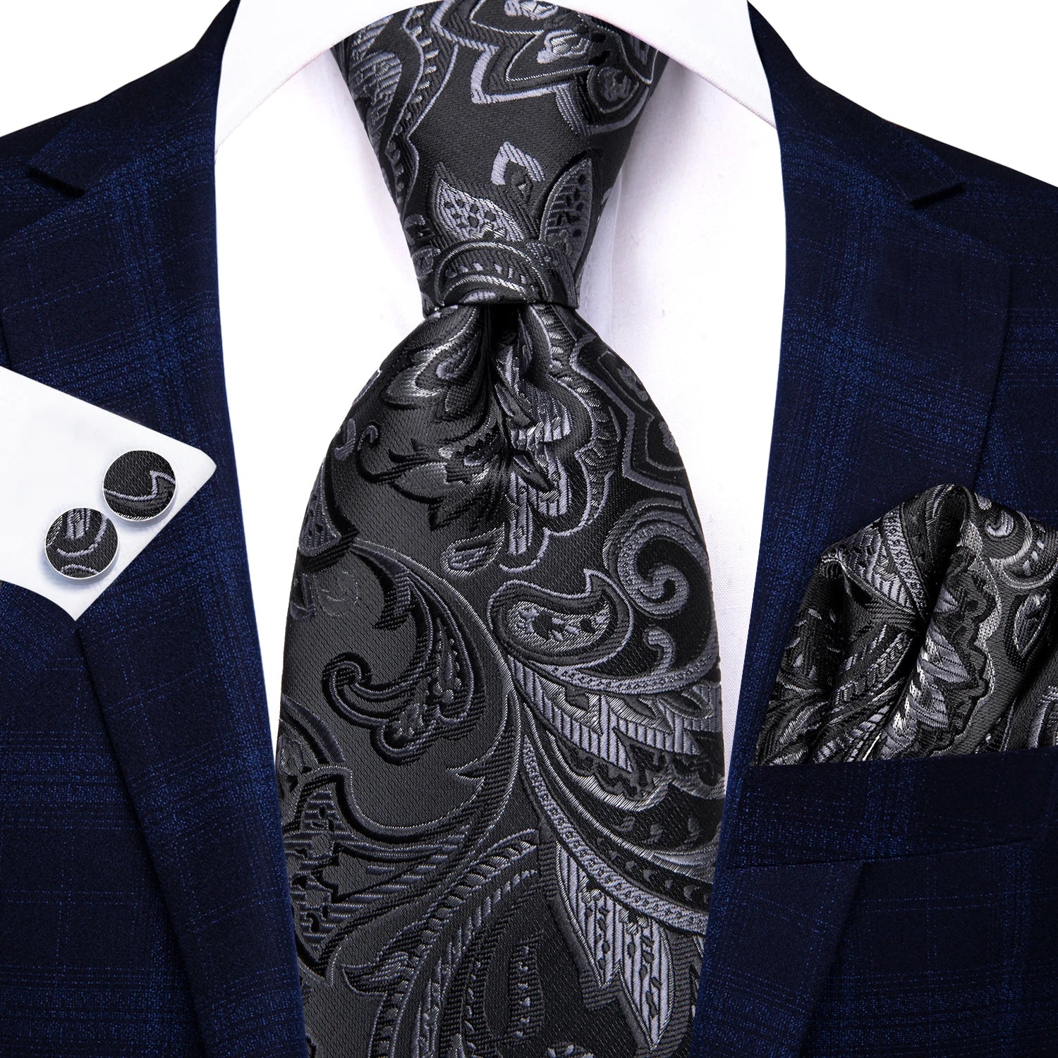 Hi-tie moda 8.5cm preto cinza floral masculino elegante gravata lenço abotoaduras conjunto acessórios de festa de casamento presente para homem gravat