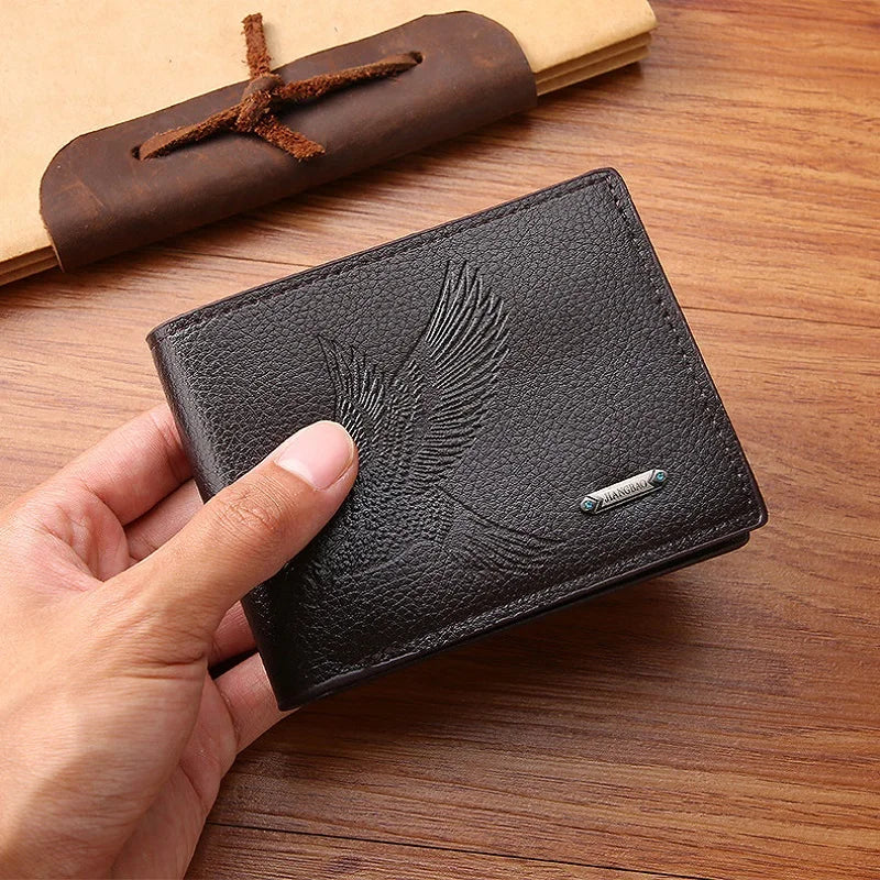 Carteiras de couro masculinas clássicas finas e minimalistas padrão falcão bifold titular do cartão de identificação de crédito carteira bolsa curta fina clipe de dinheiro