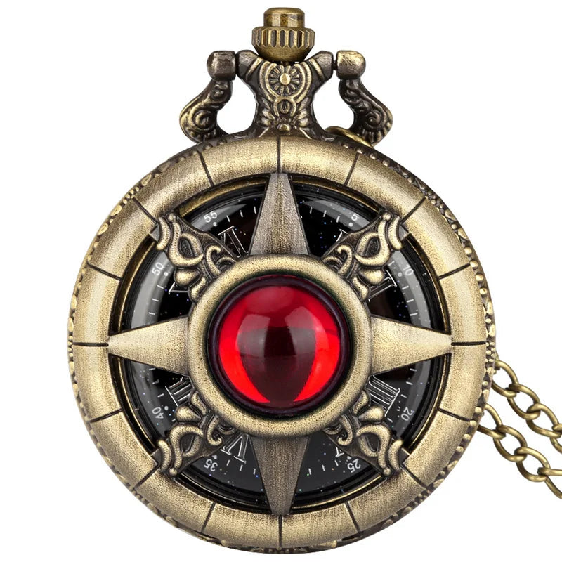 Exquisite Emerald-Green Stone Bronze Case Quartz Pocket Watch, Simples Dial Branco Cadeia Relógio, Colar Pingente para Homens e Mulheres