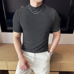 Moda listra impressa t camisas para homens verão casual meia alta pescoço fino ajuste respirável camisetas pullovers roupas masculinas 4xl-m