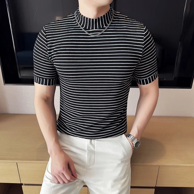 Moda listra impressa t camisas para homens verão casual meia alta pescoço fino ajuste respirável camisetas pullovers roupas masculinas 4xl-m