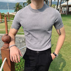 Estilo britânico verão gelo seda manga curta malha t camisas masculinas simples cor pura o-pescoço casual magro camiseta topo homme M-3XL