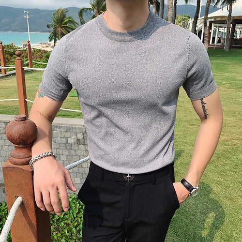 Estilo britânico verão gelo seda manga curta malha t camisas masculinas simples cor pura o-pescoço casual magro camiseta topo homme M-3XL