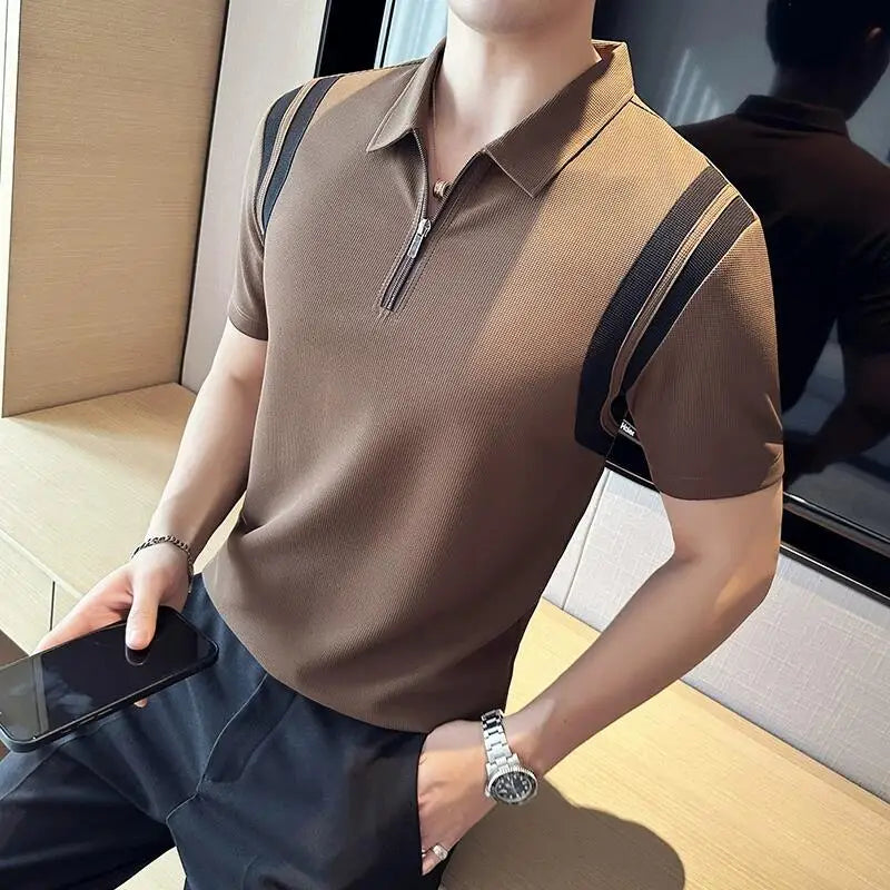 Verão Alta Elastic Stripe Manga Curta Polo Camisas 2023 Homens de Negócios Casual Zipper T-shirt Tops Streetwear Plus Size 4XL-M