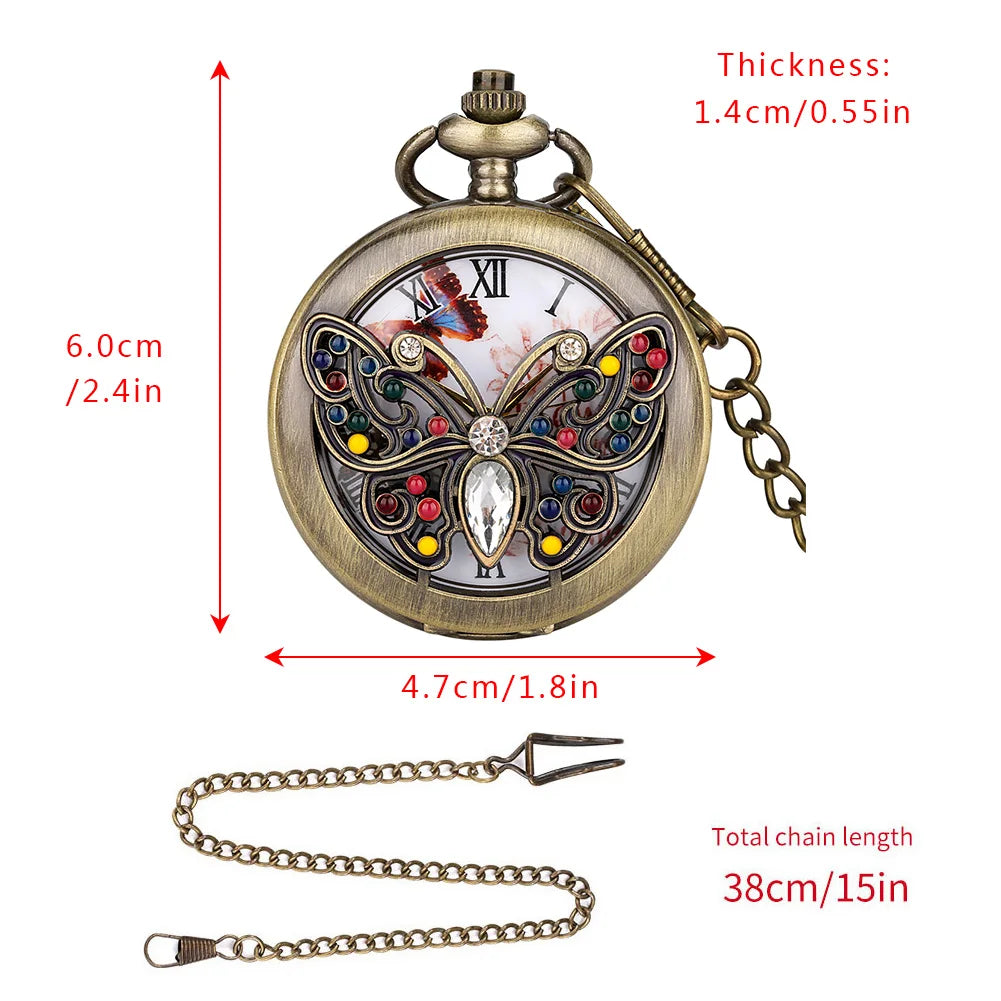 Relógio de bolso de quartzo libélula cristal diamante incrustado para mulheres, colar charmoso, pingente corrente, vestido elegante, relógio fob match