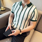 Verão vintage listrado fino ajuste polos camisas meio zíper design casual manga curta camiseta de seda gelo roupas masculinas de alta qualidade