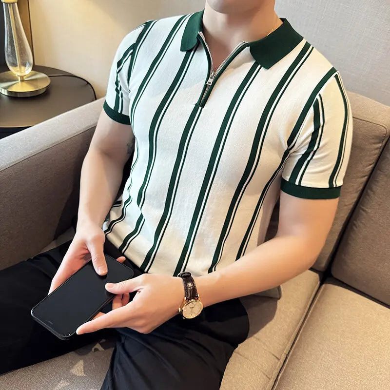 Verão vintage listrado fino ajuste polos camisas meio zíper design casual manga curta camiseta de seda gelo roupas masculinas de alta qualidade