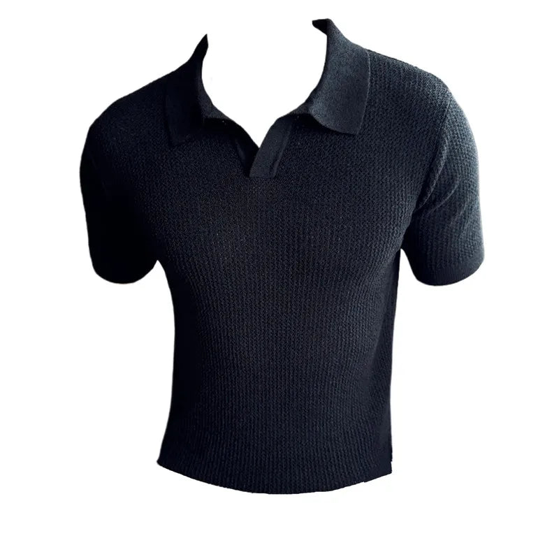 Camisa polo masculina de malha curta, camiseta casual, gola V, ajuste fino, respirável, malha, elasticidade, verão