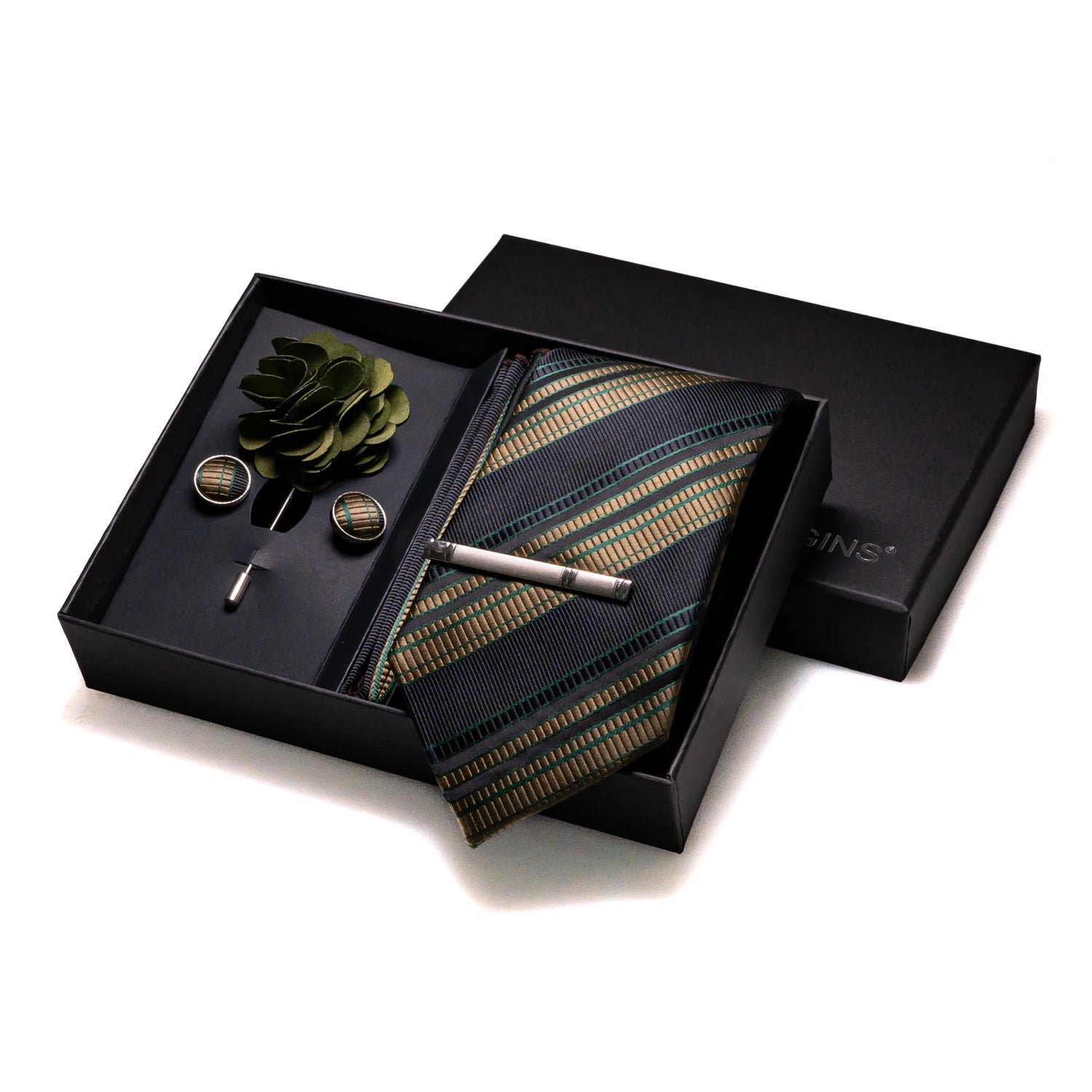 Gravatas luxuosas de seda com listras verdes escuras, acessórios de casamento, gravata masculina, bolso quadrado, abotoaduras, pino e caixa de presente elegante