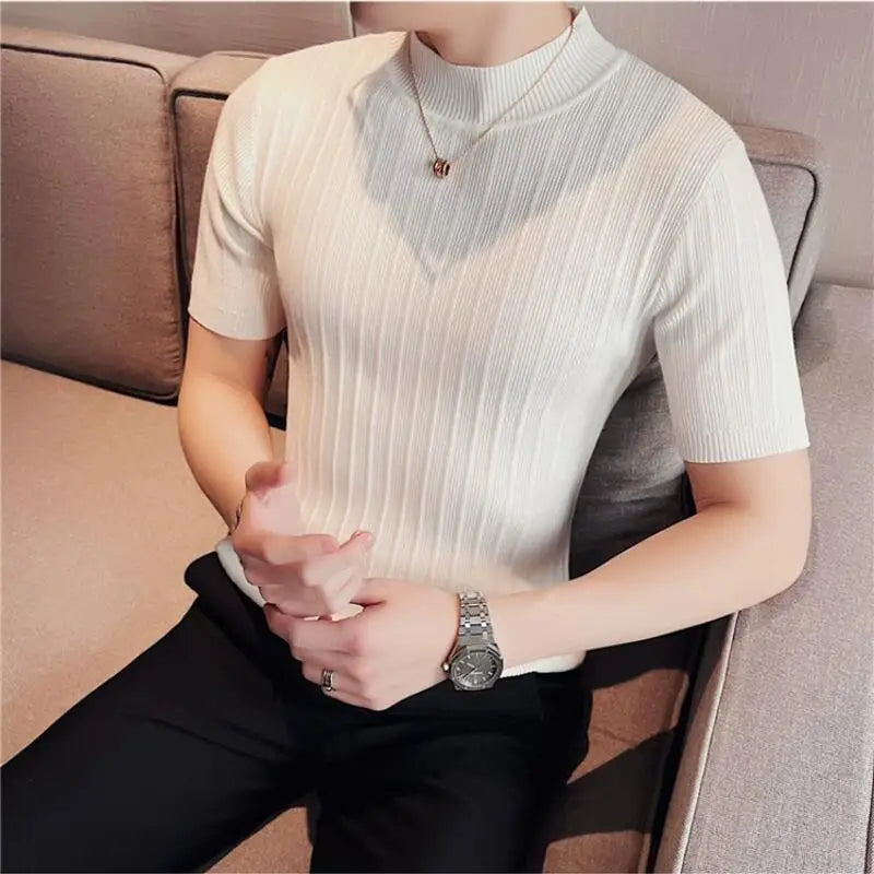 Camisola de malha de manga curta, camiseta elástica, gola redonda, slim fit, meia manga coreana, camiseta listrada, novo, verão, 6 cores, 2024