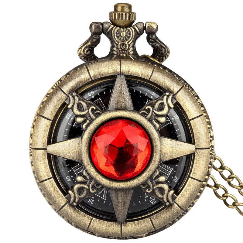 Exquisite Emerald-Green Stone Bronze Case Quartz Pocket Watch, Simples Dial Branco Cadeia Relógio, Colar Pingente para Homens e Mulheres