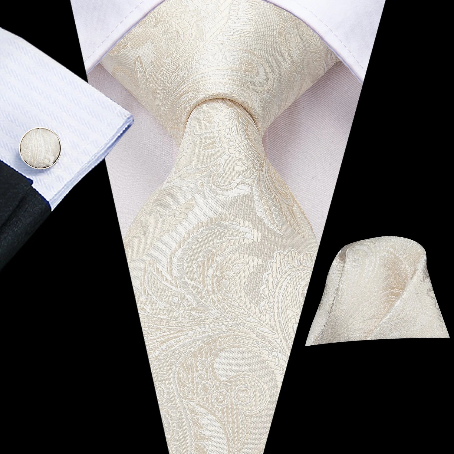 Hi-tie floral champanhe marfim masculino elegante gravata lenço abotoaduras para smoking moda clássico seda gravata de luxo para homem