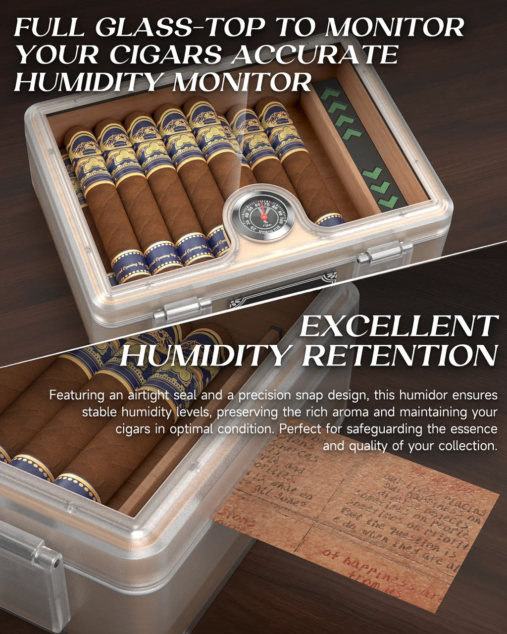 Caixa de charutos Humidor, com guilhotina cortadora, corte V, perfurador e suporte, caixa de charutos com tampo de vidro, forro de madeira de cedro, higrômetro umidificador