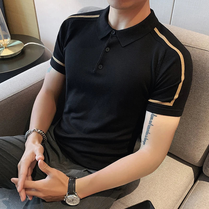 Cor bloqueada listrado camisa polo de malha dos homens verão manga curta lapela gelo seda t masculino fino negócios polos sociais streetwear