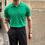 Camisas polo xadrez de malha masculina, camiseta de lapela, manga curta, gola em v, elástica, justa, casual, de negócios, social, verão, 2022
