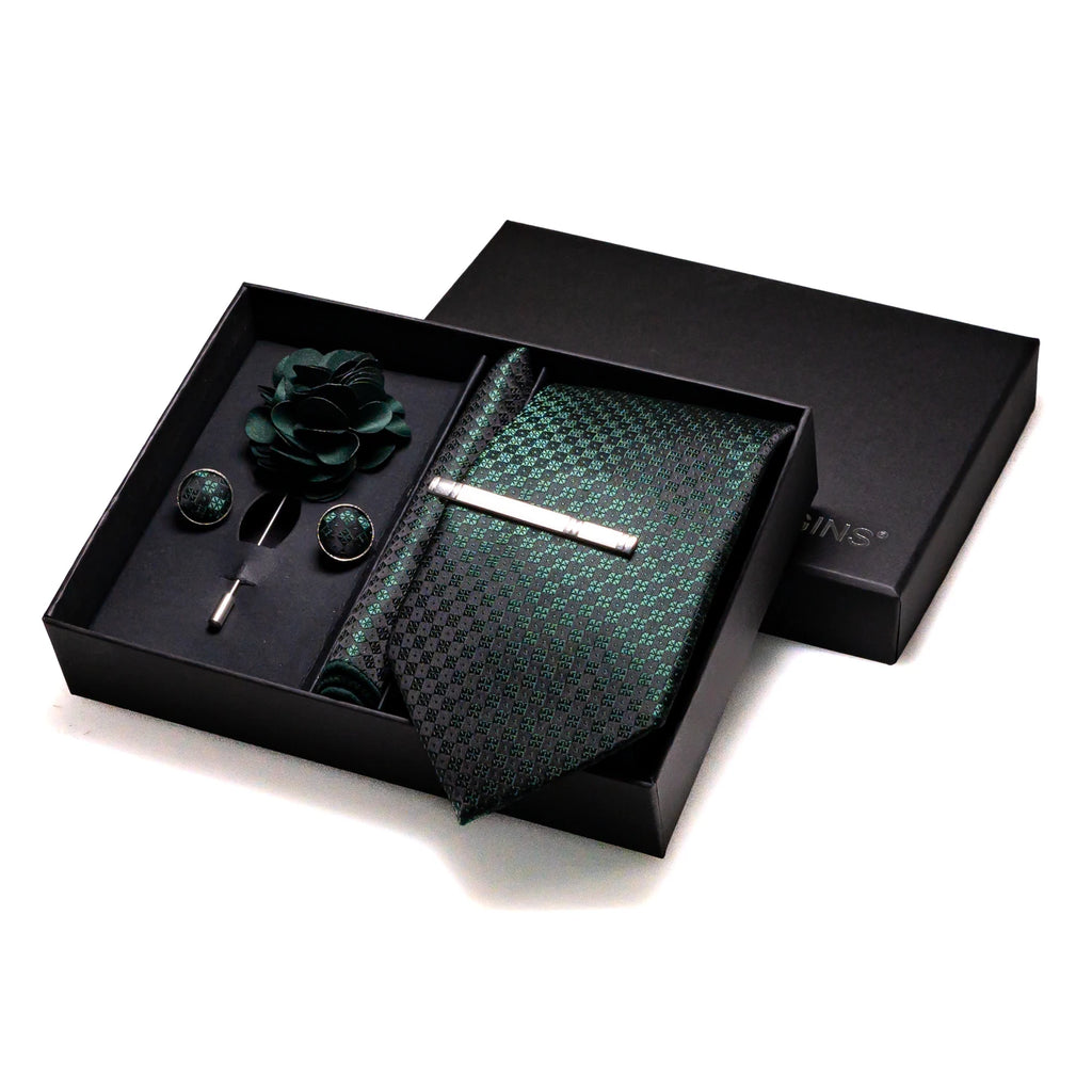Gravatas luxuosas de seda com listras verdes escuras, acessórios de casamento, gravata masculina, bolso quadrado, abotoaduras, pino e caixa de presente elegante