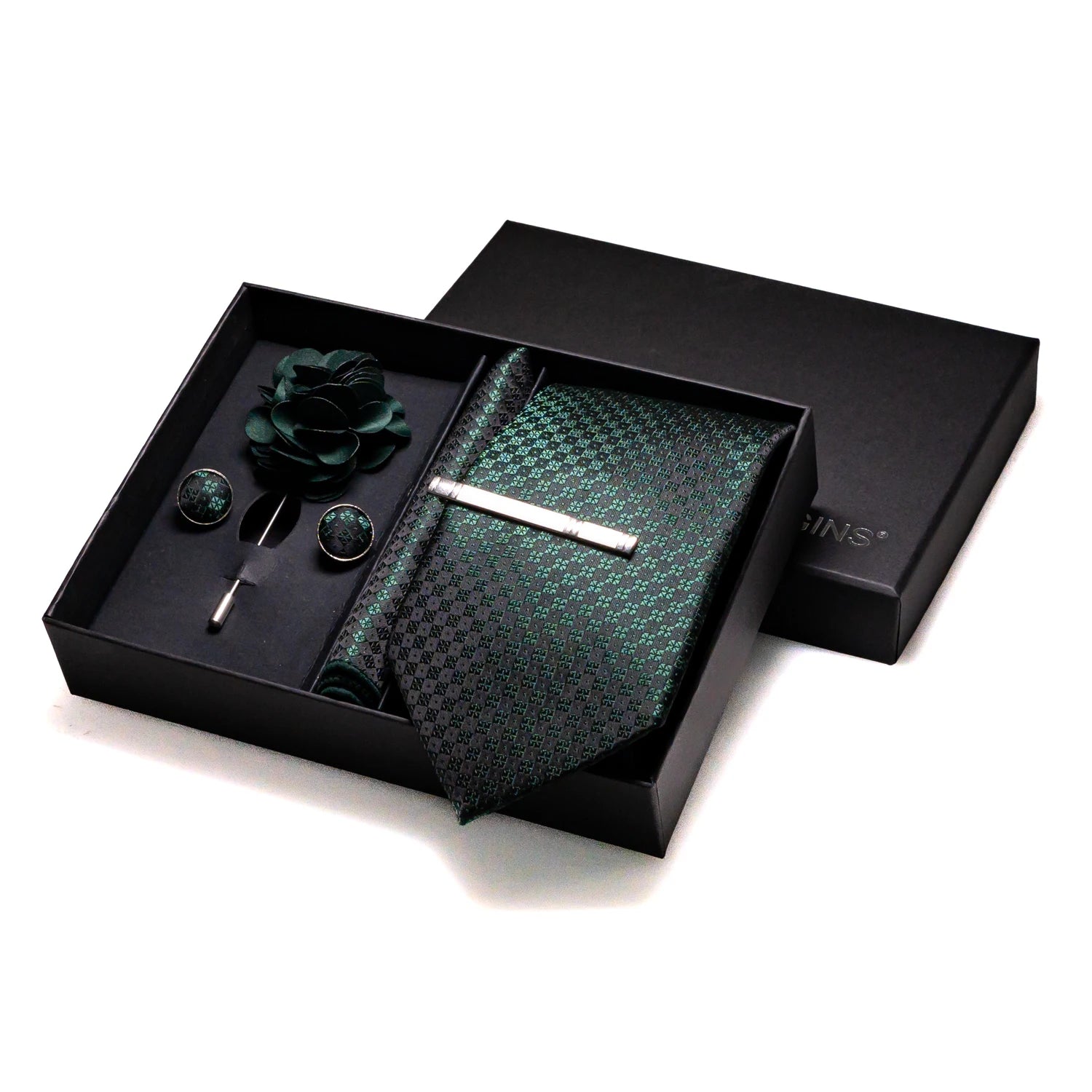 Gravatas luxuosas de seda com listras verdes escuras, acessórios de casamento, gravata masculina, bolso quadrado, abotoaduras, pino e caixa de presente elegante