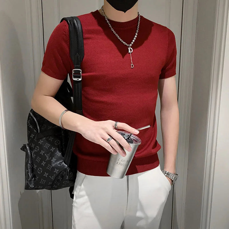 Verão fino pulôver meia gola alta camiseta masculina de malha manga curta topo masculino cor sólida camisola magro camiseta streetwear