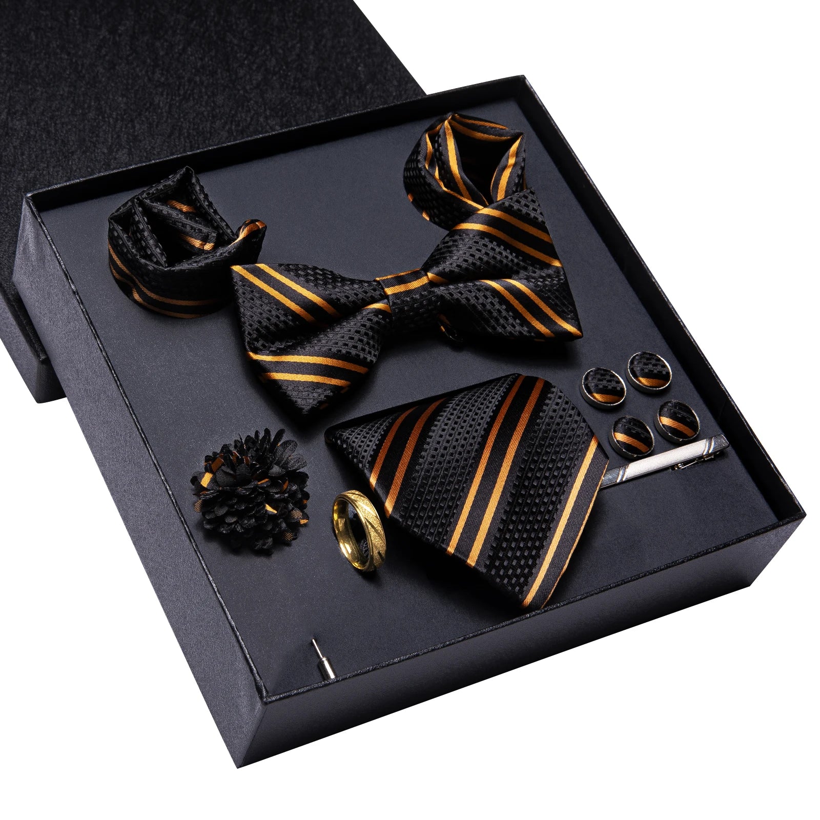 Hi-tie caixa de presente de luxo listrado dourado gravata macia lenço masculino conjunto de abotoaduras casamento alta qualidade