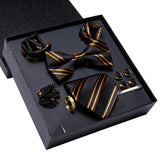 Hi-tie caixa de presente de luxo listrado dourado gravata macia lenço masculino conjunto de abotoaduras casamento alta qualidade
