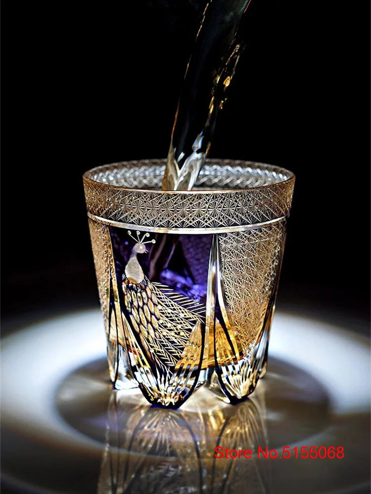 Pavão tela aberta edo kiriko corte manual roxo cristal vidro vinho snifter brandy tumbler rock copos de uísque copo produtos vidreiros