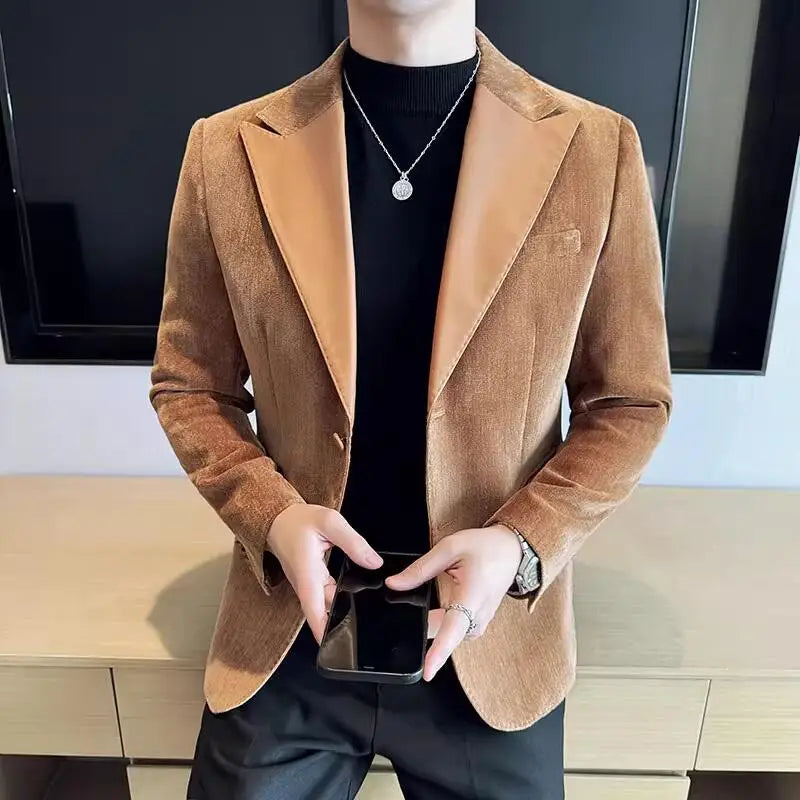 Embreagem de couro chenille terno jaquetas 2025 outono inverno novos homens negócios casual fino ajuste casacos formal festa casamento tailcoat