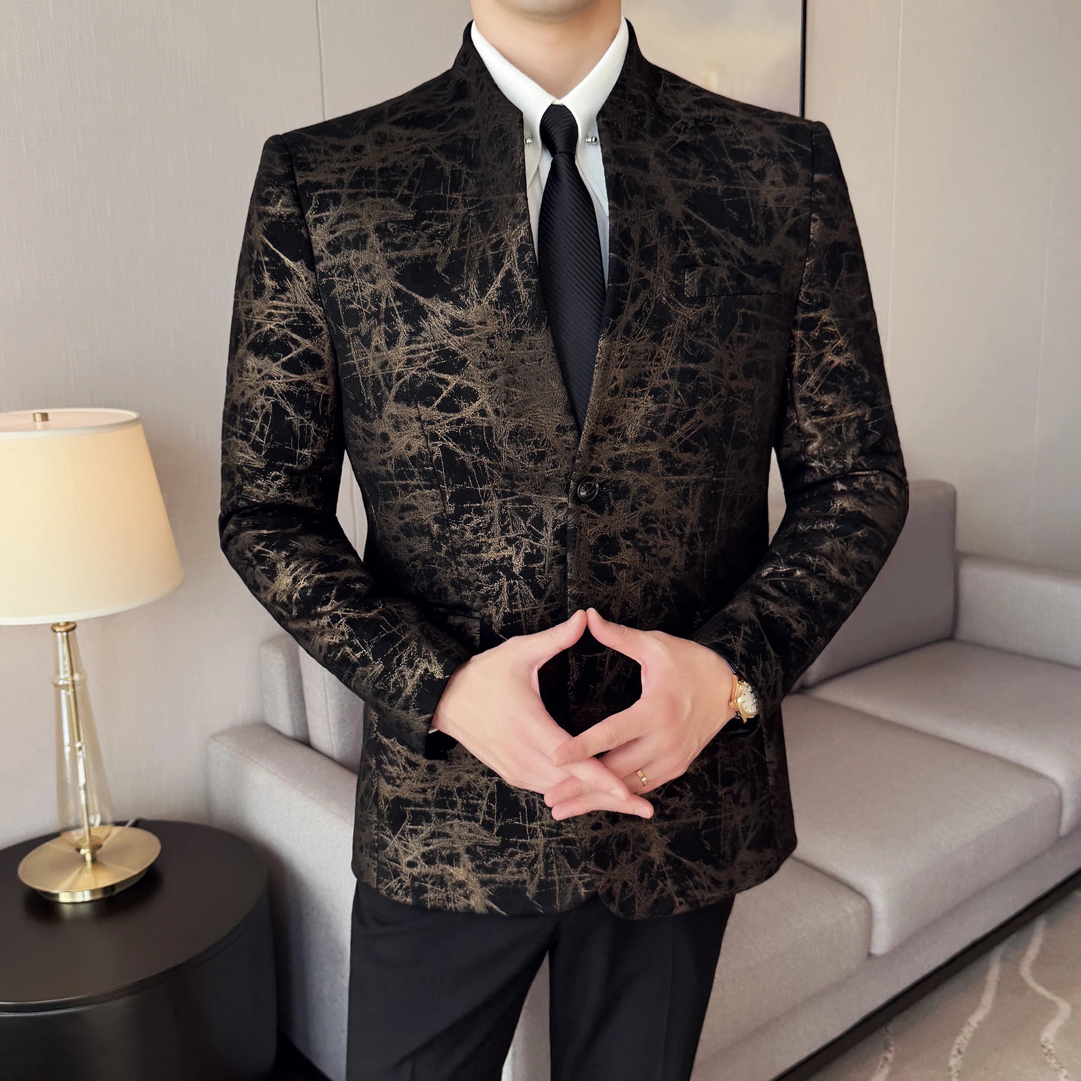 Novo estilo chinês gola alta jacquard terno casacos homens fino negócios casual moda ternos jaqueta formal festa social smoking