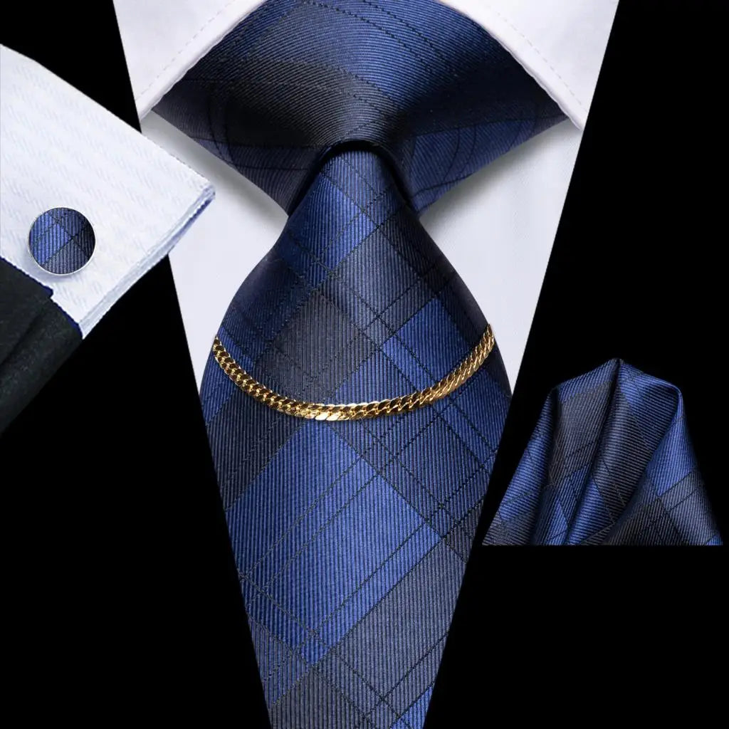Hi-Tie-Gravatas de seda xadrez de luxo masculinas, conjunto de abotoaduras, design preto, presente de casamento, corrente de gravata moda